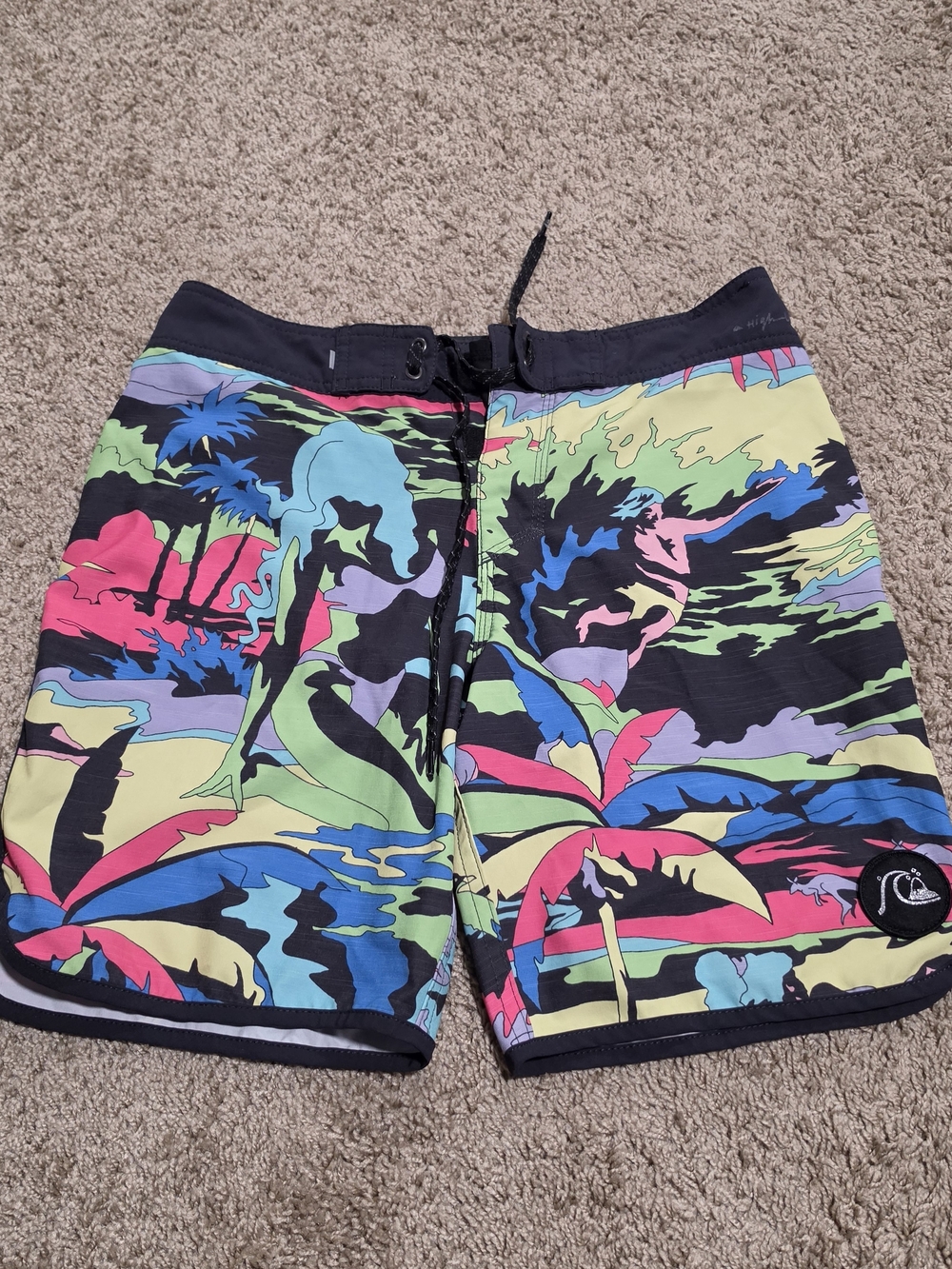 Vintage Y2K Quiksilver High-Line Tropical Neon Graphic Board Shorts, Size 28